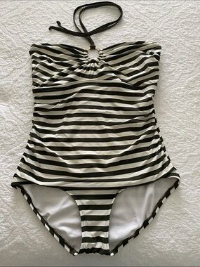 MICHAEL Michael Kors striped halter one-piece swimsuit w/ gold logo ring accent